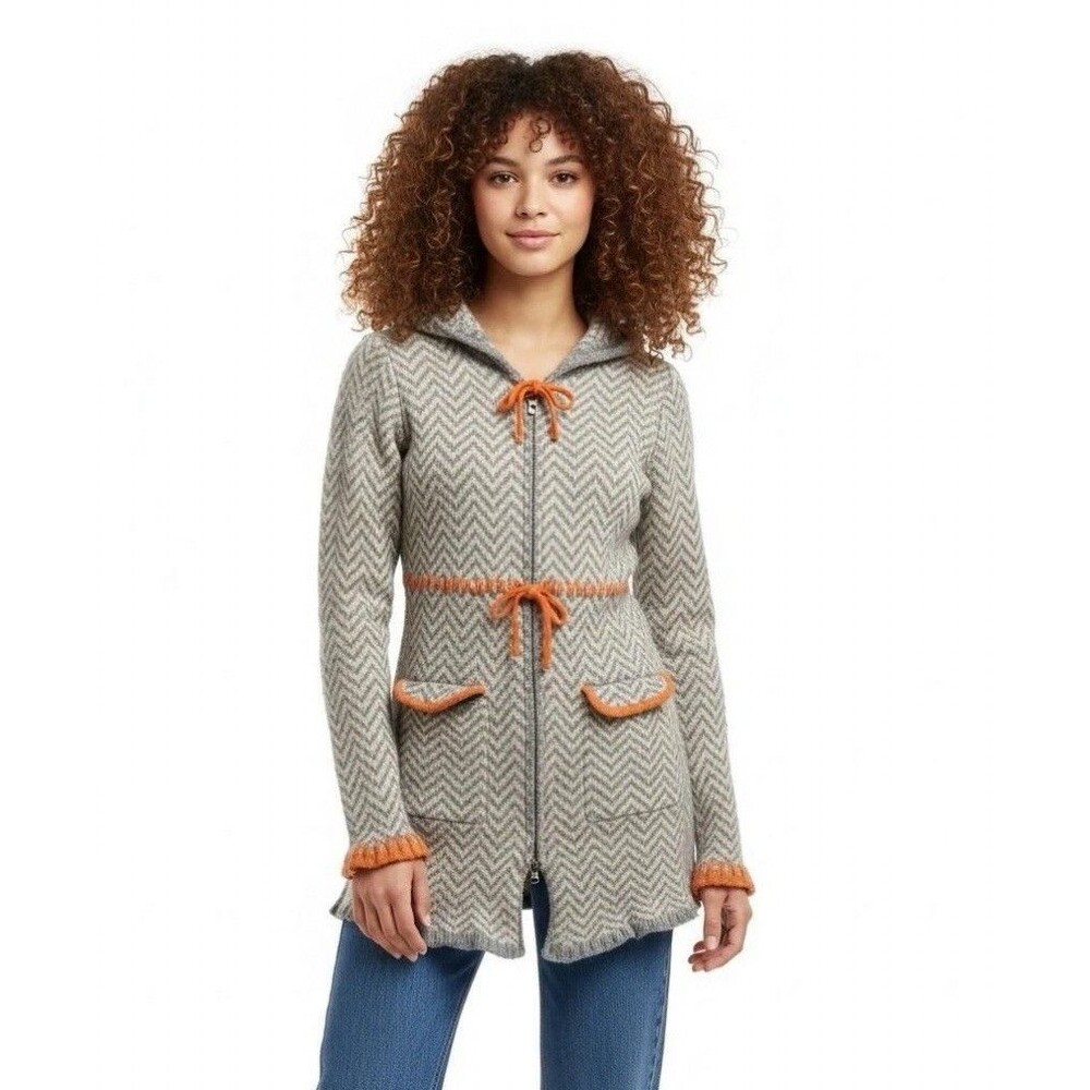 Sparrow Anthropologie Lambswool Chevron Full Zip Hooded Cardigan Sweater Grey XS